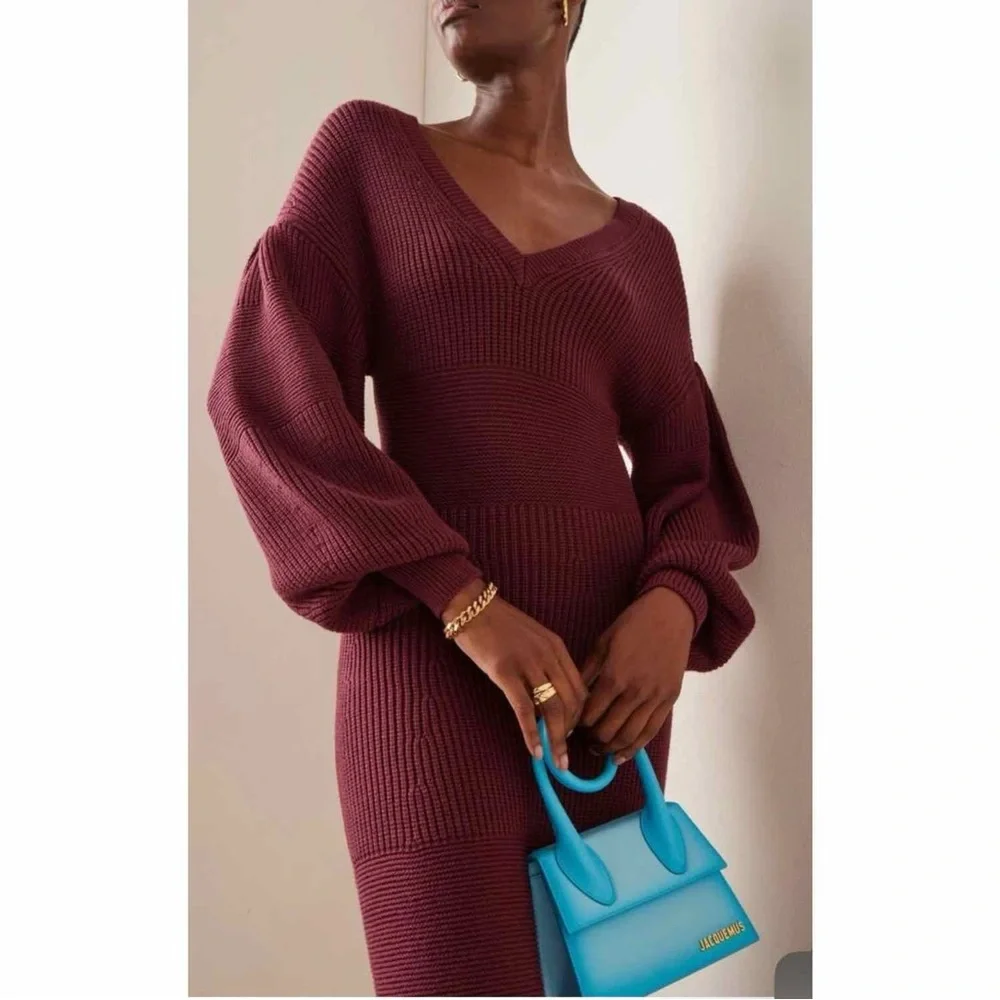 Staud Merlot Carnation Sweater‎ Knit Midi Dress Large Burgundy Designer Cozy - Picture 4 of 16